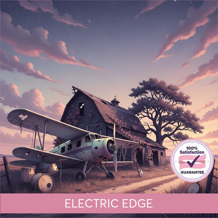 Vintage biplane with faded white and green paint beside barn under twilight sky for country rock gymnastics floor music