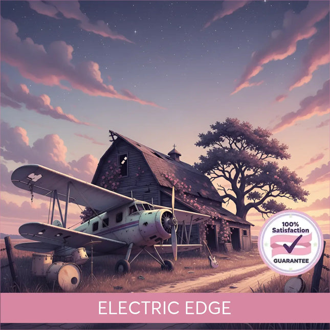 Vintage biplane with faded white and green paint beside barn under twilight sky for country rock gymnastics floor music