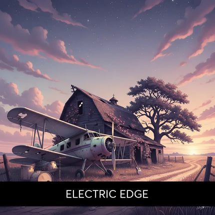 Vintage biplane with faded white and green paint beside barn under twilight sky for country rock gymnastics floor music