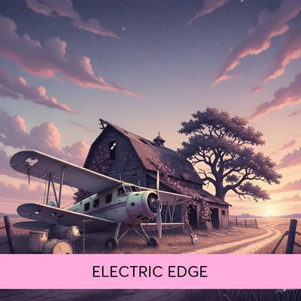 Vintage biplane with faded white and green paint beside barn under twilight sky for country rock gymnastics floor music
