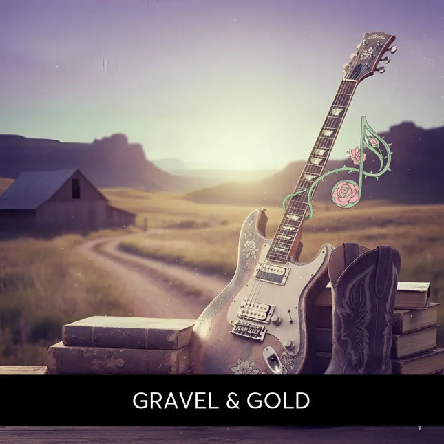 A vintage-style silver electric guitar with floral inlays beside cowboy boots on books for country rock gymnastics floor music