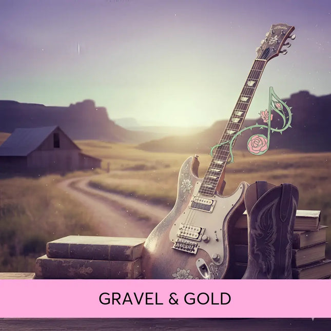 A vintage-style silver electric guitar with floral inlays beside cowboy boots on books for country rock gymnastics floor music
