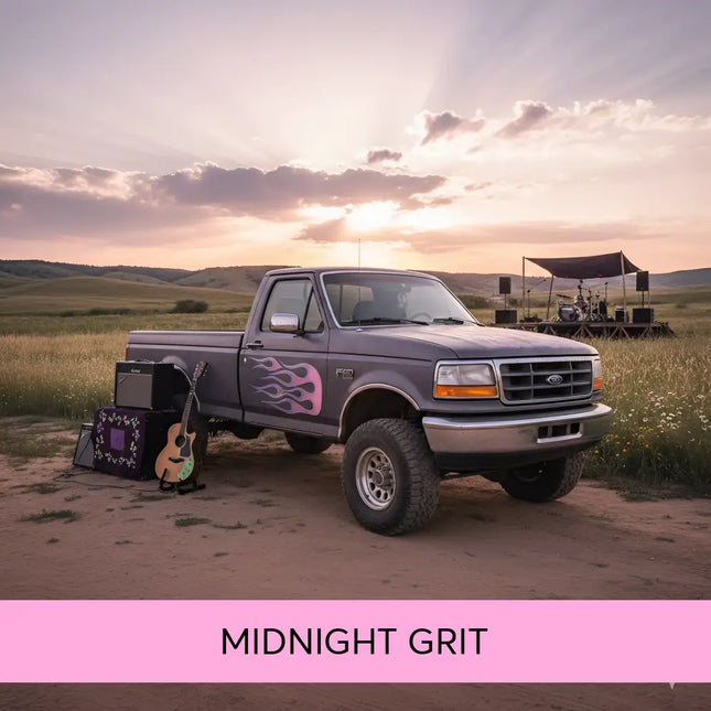 Dark gray ford f-150 with pink flame decals representing midnight grit for country rock gymnastics floor music product