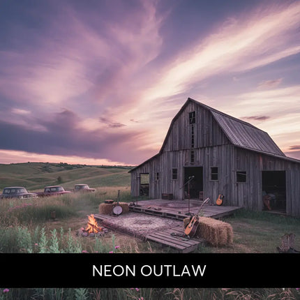 Weathered wooden barn with open doors under purple pink sunset for neon outlaw country rock gymnastics floor music