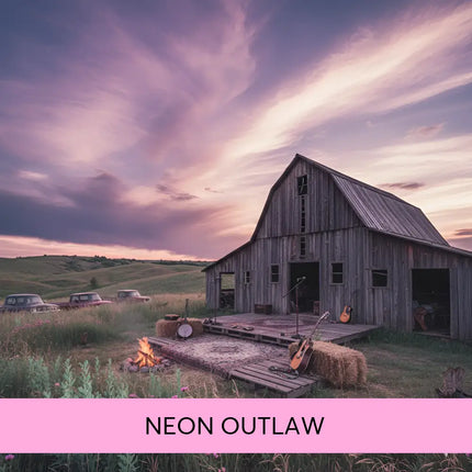 Weathered wooden barn with open doors under purple pink sunset for neon outlaw country rock gymnastics floor music