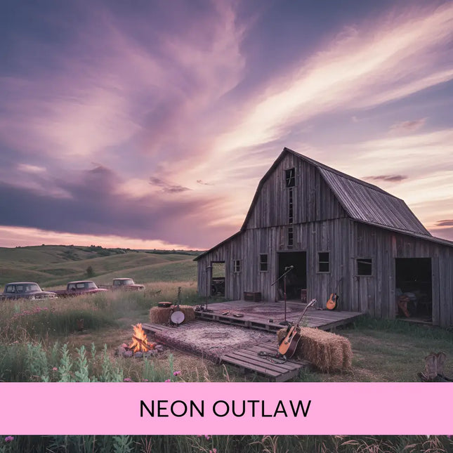 Weathered wooden barn with open doors under purple pink sunset for neon outlaw country rock gymnastics floor music