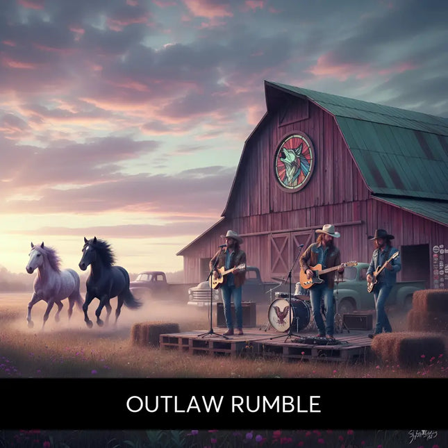 Red wooden barn with green metal roof and wolf stained glass window for outlaw rumble country rock gymnastics floor music