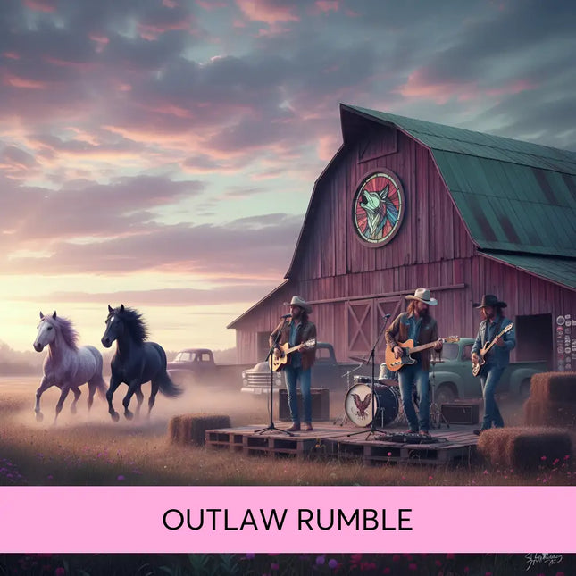Red wooden barn with green metal roof and wolf stained glass window for outlaw rumble country rock gymnastics floor music