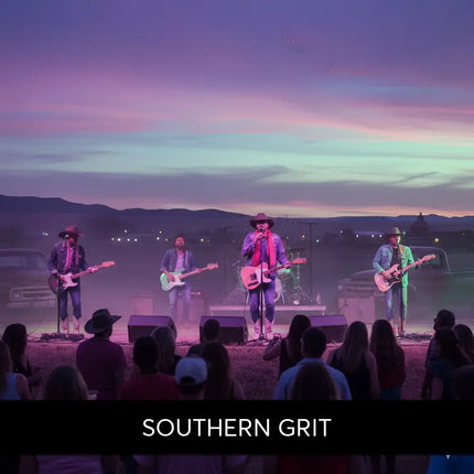 A band in cowboy hats plays electric and acoustic guitars outdoors at twilight for southern grit country rock gymnastics floor music
