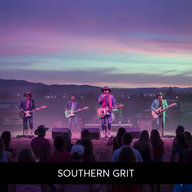 A band in cowboy hats plays electric and acoustic guitars outdoors at twilight for southern grit country rock gymnastics floor music