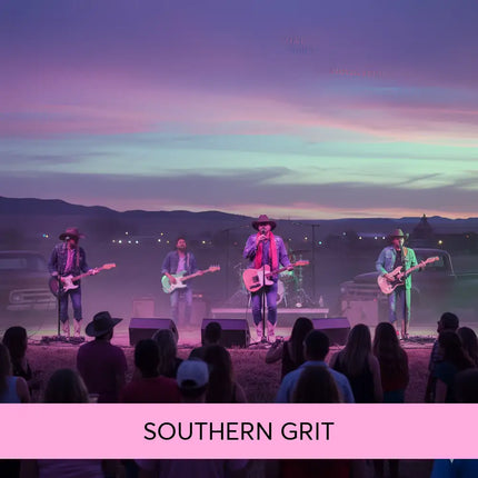 A band in cowboy hats plays electric and acoustic guitars outdoors at twilight for southern grit country rock gymnastics floor music
