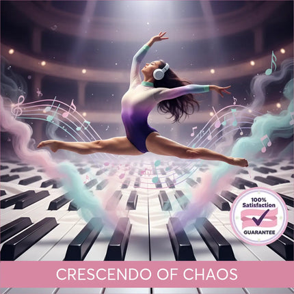A dancer wearing a gradient purple and white leotard with white headphones for gymnastics floor music