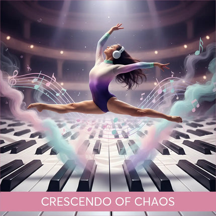 Dancer in purple-white leotard for Crescendo of Chaos gymnastics floor music