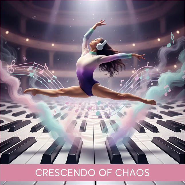 Dancer in purple-white leotard for Crescendo of Chaos gymnastics floor music