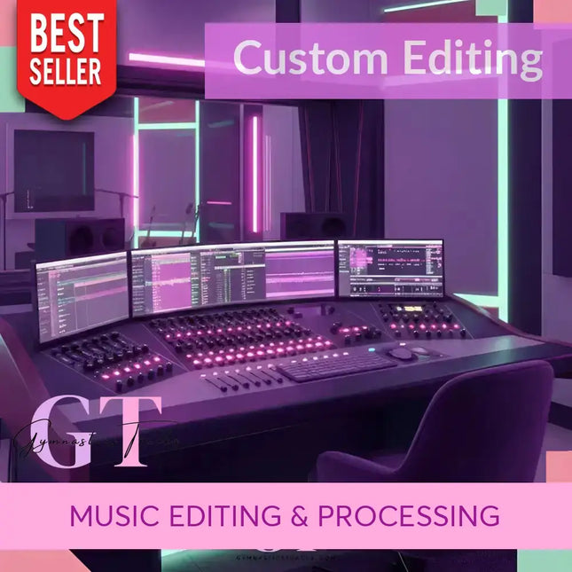 Purple-lit professional audio mixing console with multiple monitors for gymnastics floor music editing and to edit music