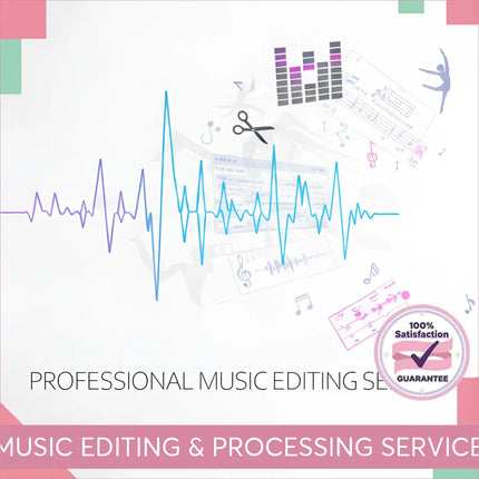 A stylized blue and purple audio waveform with music icons for custom gymnastics floor music editing and to edit music