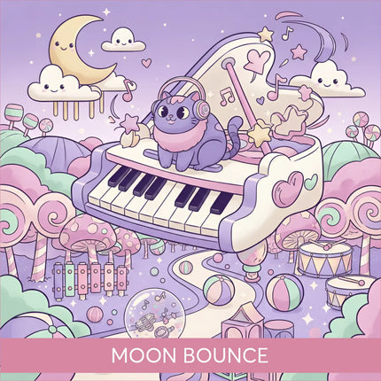 A purple cat with pink headphones sits on a pastel grand piano with hearts in the cutesy gymnastics floor music moon bounce