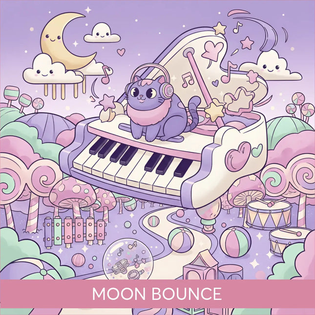 A purple cat with pink headphones sits on a pastel grand piano with hearts in the cutesy gymnastics floor music moon bounce