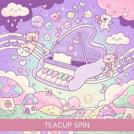 A whimsical purple cutesy grand piano with pastel keys and musical notes perfect for gymnastics floor music teacup spin
