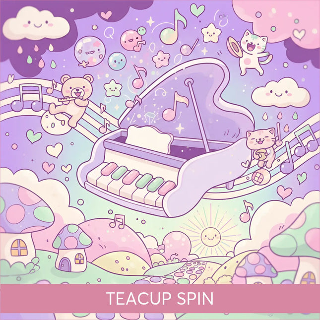 A whimsical purple cutesy grand piano with pastel keys and musical notes perfect for gymnastics floor music teacup spin