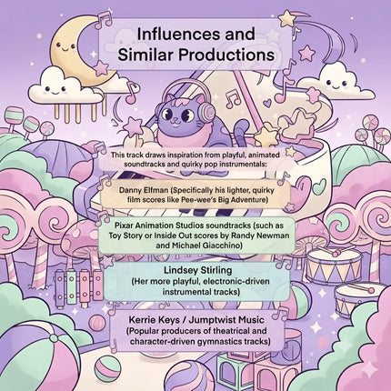 A purple cartoon cat with headphones on a candy-themed moon bounce playing gymnastics floor music cutesy style