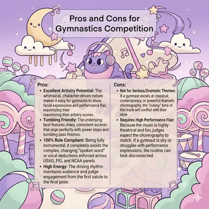 Purple cutesy cartoon cat with headphones in pastel candy landscape for moon bounce gymnastics floor music fun