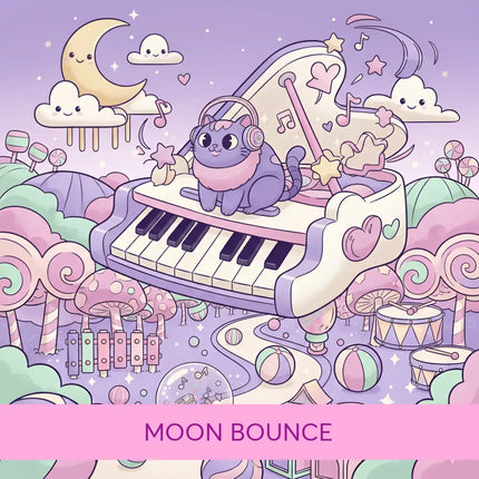 A purple cat with pink headphones sits on a pastel grand piano with hearts playing cutesy moon bounce gymnastics floor music