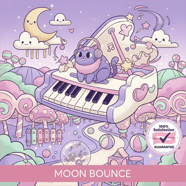 A purple cat with pink headphones sits on a pastel grand piano with hearts playing cutesy moon bounce gymnastics floor music