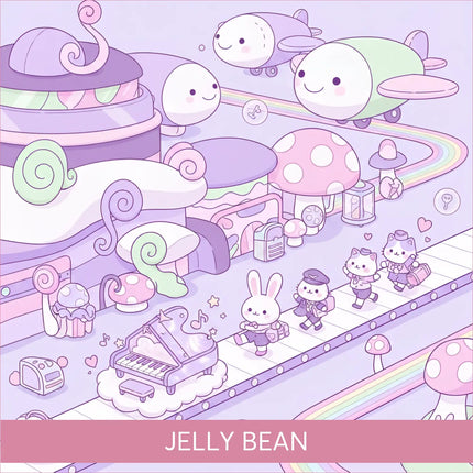 Pastel purple and mint green cartoon airplane with smiling face on cutesy style jelly bean gymnastics floor music design