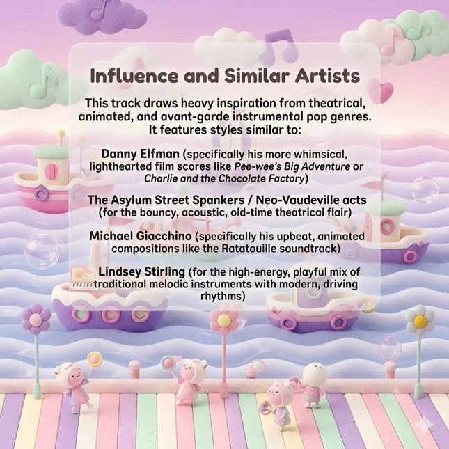 Pastel whimsical toy boats with pink and purple candy cane accents floating on a dreamy ocean for gymnastics floor music