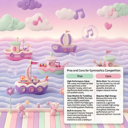 Pastel-colored toy boats with musical notes and hearts float in a whimsical candy cane gymnastics floor music scene