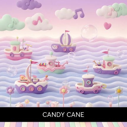 Pastel-colored toy boats with candy cane accents float on a whimsical ocean scene for gymnastics floor music