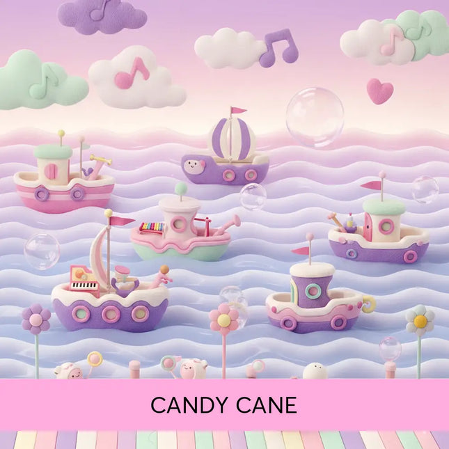 Pastel-colored toy boats with candy cane accents float on a whimsical ocean scene for gymnastics floor music