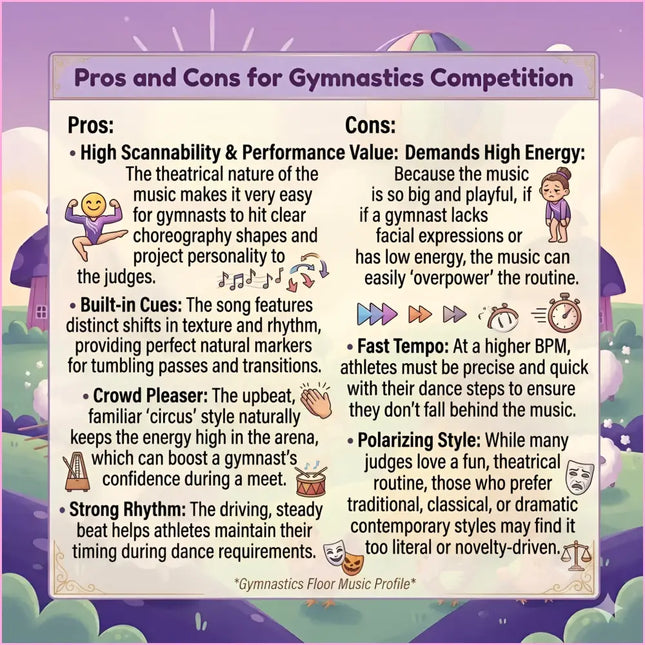 Infographic showing pros and cons for gymnastics competition with whimsical circus twist gymnastics floor music on purple background