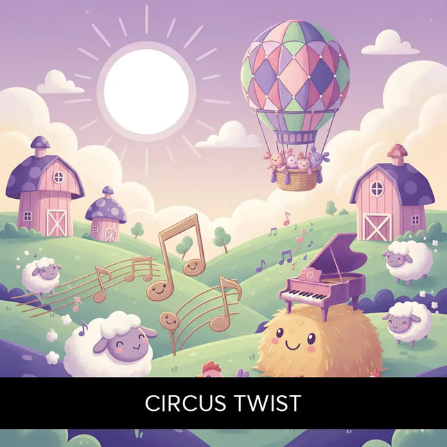 Pastel purple grand piano with heart-shaped keyhole on lid on smiling hay bale in whimsical circus twist gymnastics floor music scene