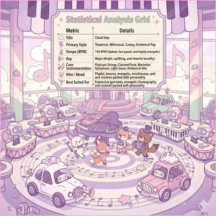 Purple grand piano with glossy finish and ornate details in whimsical cloud hop gymnastics floor music studio scene