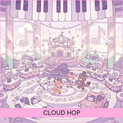 A whimsical purple grand piano with a glossy finish on a musical stage for cloud hop gymnastics floor music