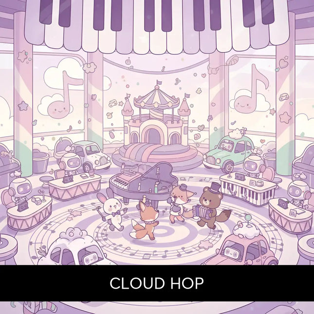 A whimsical purple grand piano with a glossy finish on a musical stage for cloud hop gymnastics floor music