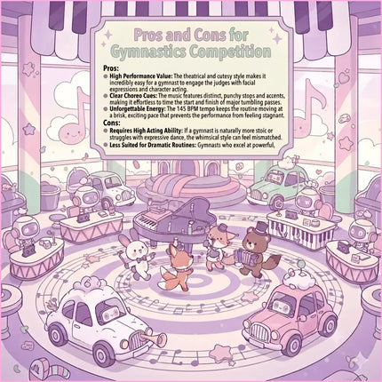 A whimsical pastel illustration of cartoon animals on a circular stage for cloud hop gymnastics floor music