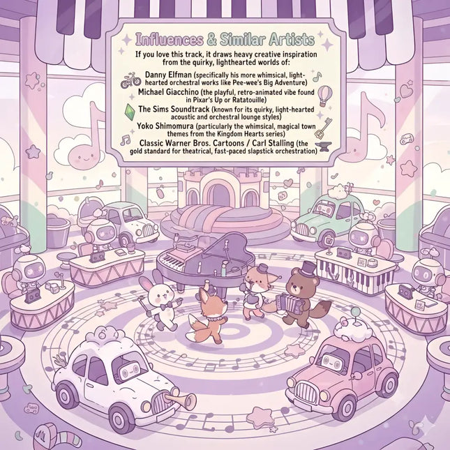 A whimsical pastel-colored cloud hop gymnastics floor music scene with cutesy cartoon animals on a musical stage