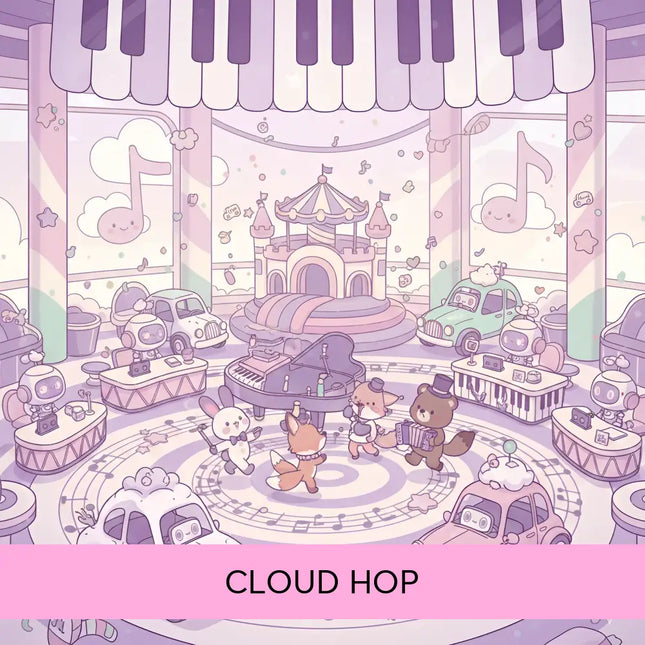 A whimsical purple grand piano with a glossy finish on a musical stage for cloud hop gymnastics floor music