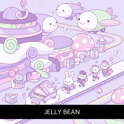 Cutesy style jelly bean gymnastics floor music with pastel purple and mint green cartoon airplane and smiling face