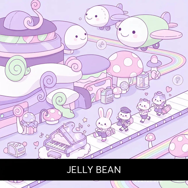 Cutesy style jelly bean gymnastics floor music with pastel purple and mint green cartoon airplane and smiling face