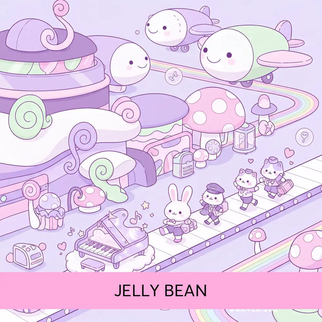 Cutesy style jelly bean gymnastics floor music with pastel purple and mint green cartoon airplane and smiling face