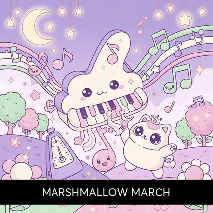 A whimsical pastel-colored cartoon grand piano with a friendly face and rainbow notes for marshmallow march gymnastics floor music