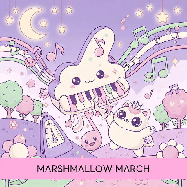 A whimsical pastel-colored cartoon grand piano with a friendly face and rainbow notes for marshmallow march gymnastics floor music