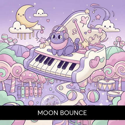 A purple cat with pink headphones sits on a pastel grand piano with hearts playing cutesy moon bounce gymnastics floor music