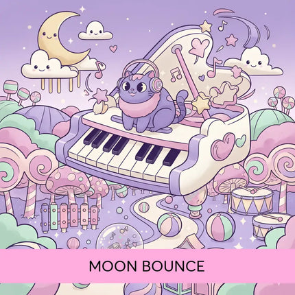A purple cat with pink headphones sits on a pastel grand piano with hearts playing cutesy moon bounce gymnastics floor music