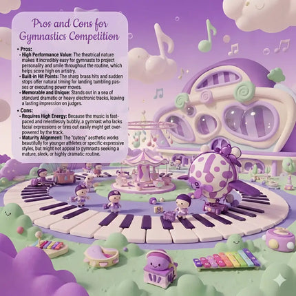 A whimsical purple and white polka-dotted balloon with a bow floats above a piano-key runway for gymnastics floor music sugar rush