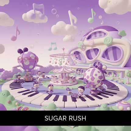 A whimsical purple and white polka-dotted hot air balloon floats above a playful musical playground in sugar rush gymnastics floor music